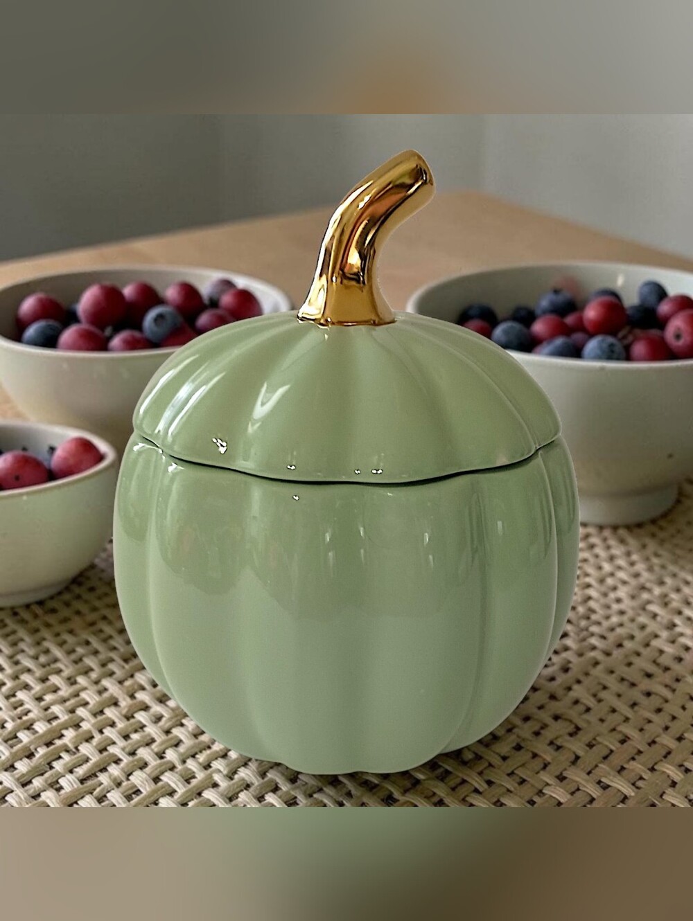 Martha Stewart Pumpkin Canister Sage Green Gold Ceramic Fall Harvest Candy Dish